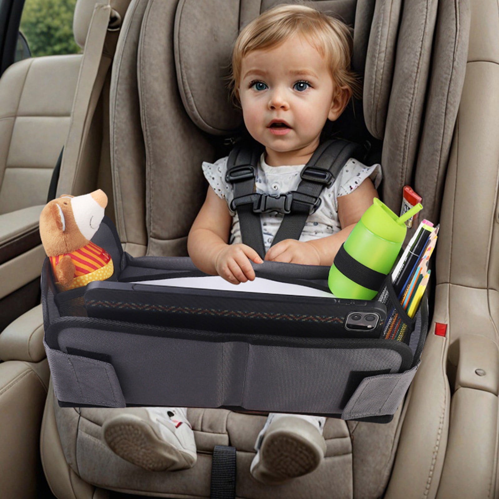 Children's Activity Tray Creative Car Seat Drawing Tray for Infants Long Journey with Clear Storage Pockets