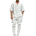 thumbnail image 2 of LEKWK Men Lounge Set Textured 2 Piece Matching Outfits V Neck Short Sleeve Top and Drawstring Jogger Pants with Pockets Fall Vacation Outfits, 2 of 5