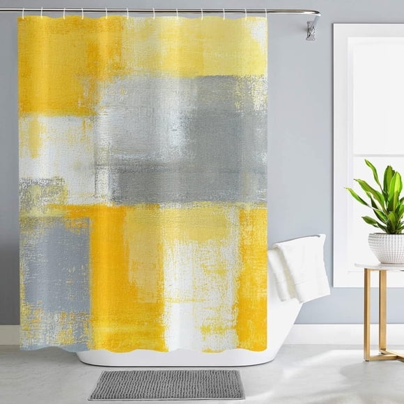 Rideau de Douche à Coups de Pinceau Aquarelle Jaune - Design Géométrique Abstrait Contemporain, Tissu Imperméable, Comprend des Crochets, 72 Pouces L X 84 Pouces L, Parfait pour des Salles de Bain Lumineuses et Joyeuses, Ajoute Chaleur et Élégance