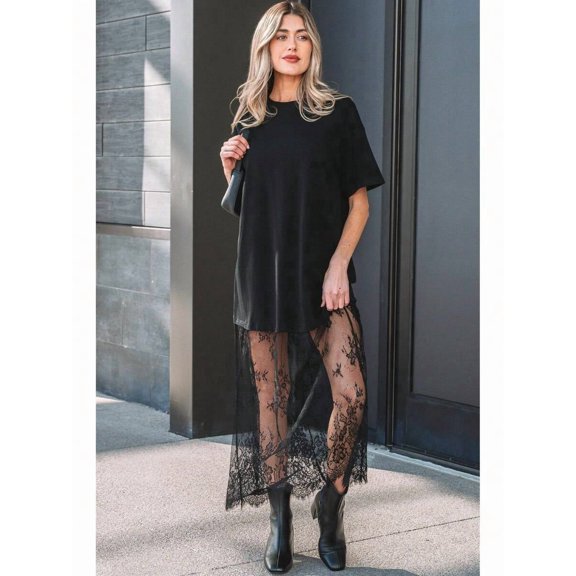 Black Oversized T-Shirt Dress With Lace Overlay, Casual Long Dress For Women