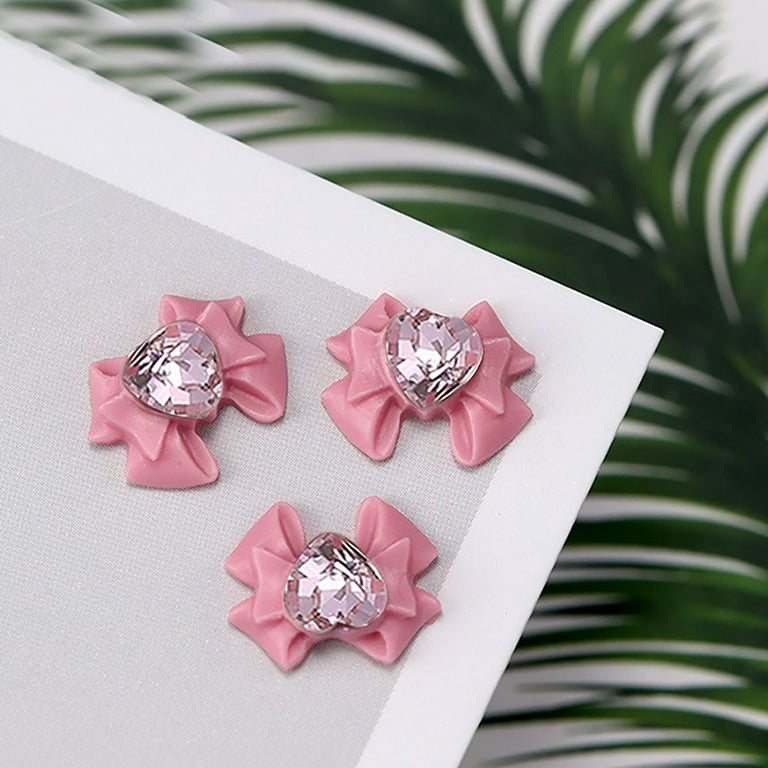 20pcs Pink Bow Nail Charms for Acrylic Nails, 3D Bowknot Nail Art Charms Crystal Heart Bow Charms for Nails DIY Nail Gems Pink Rhinestones Kawaii Nail
