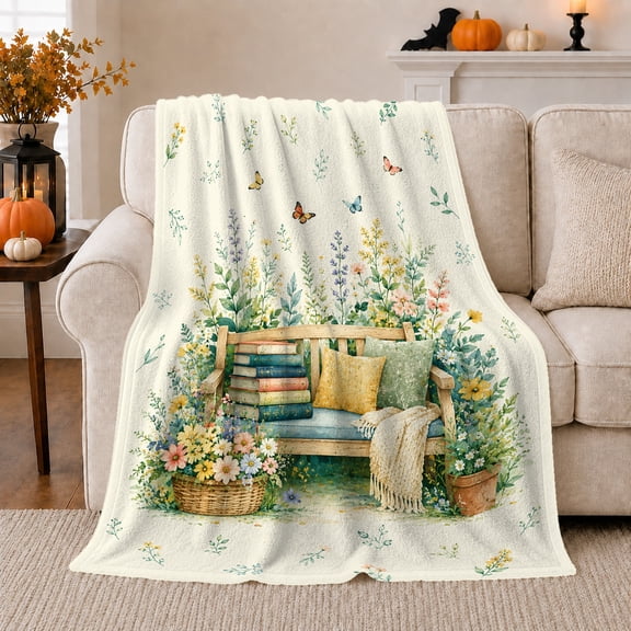Garden Reading Bench With Books And Flowers, Cozy Flannel Blanket with Cottage Garden Watercolor Print, Housewarming Gift for Garden Reading Enthusiasts, Home Decor for Bedroom and Living Room