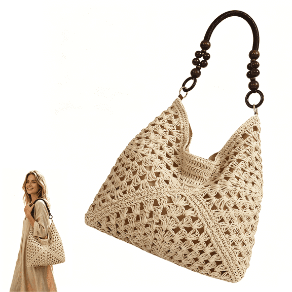 Beaded Shoulder Bag,Women's Hollow Crochet Straw Bag Wood Bead Handle Large Beach Picnic Shoulder Purse