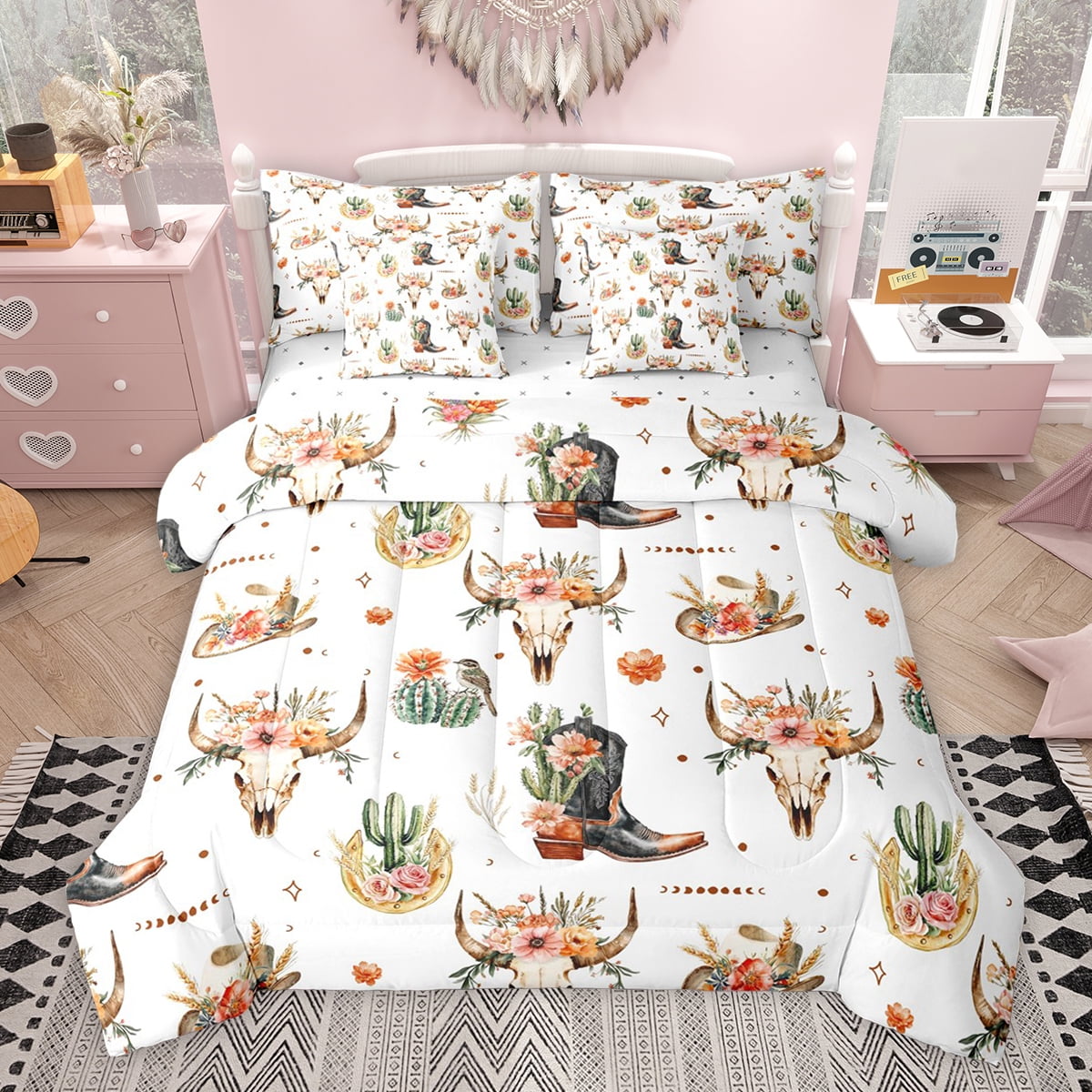 Feelyou Hippie Sheep Skeleton Bedding Comforter Set 7pcs Western Cactus Flower Queen Bedding Sets Kawaii Cowgirl Boot Reversible Queen Sheet Sets Microfiber Bedroom Decor