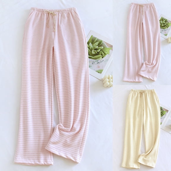 YHAJDS Women Fall Winter Sleepwear,Pajama Pants Women Soft,Striped Thermal Fleece Sleep Pants,Straight Leg Home Wear Pajama Pants For Winter