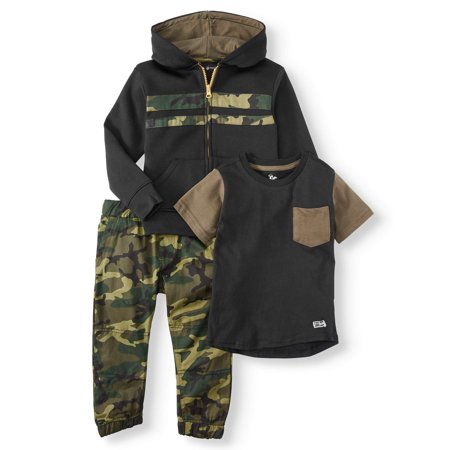 Beverly Hills Polo Club Short Sleeve Pocket T-shirt, Zip Up Hoodie & Camo Printer Jogger Pant, 3pc Outfit Set (Toddler