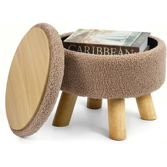 Ottoman Foot Rest, Small Round Ottoman with Storage, Boucle Teddy Velvet Footstool with Wood Legs, Soft Sponge Storage Ottoman for Living Room, Bedroom, Couch, Enterway (Camel Brown)
