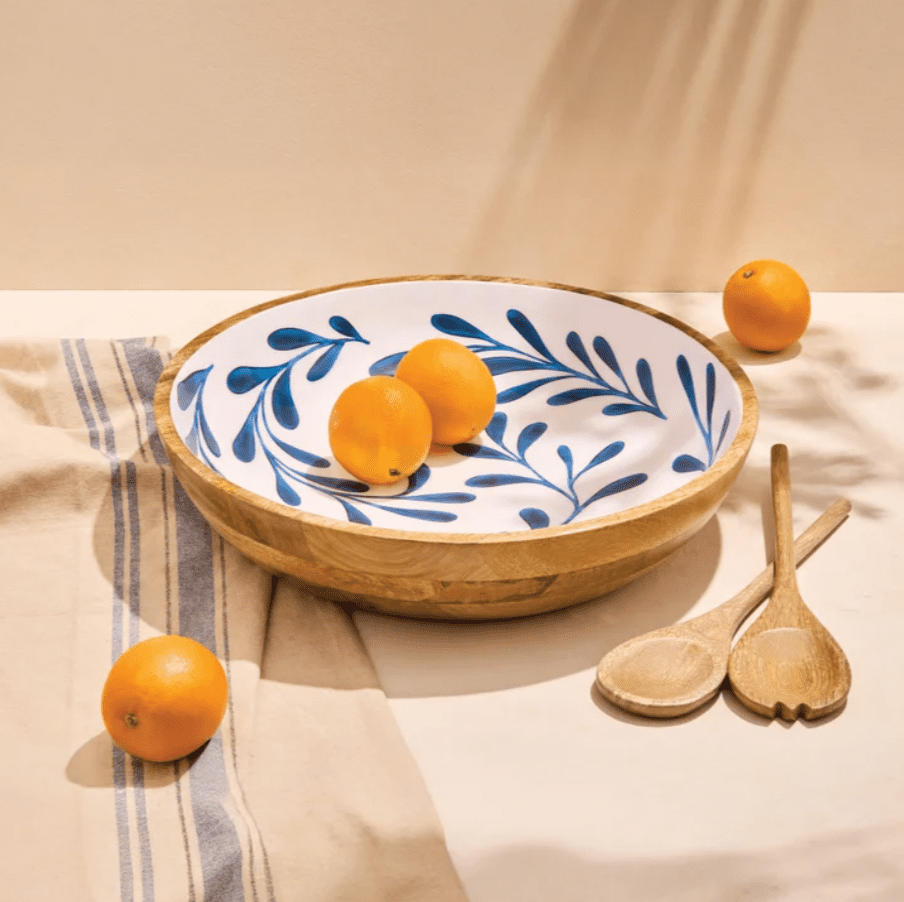 Maison Neuve Enamelled Mango Wood Salad Bowl & Servers, 44 cm (17.3 in.)