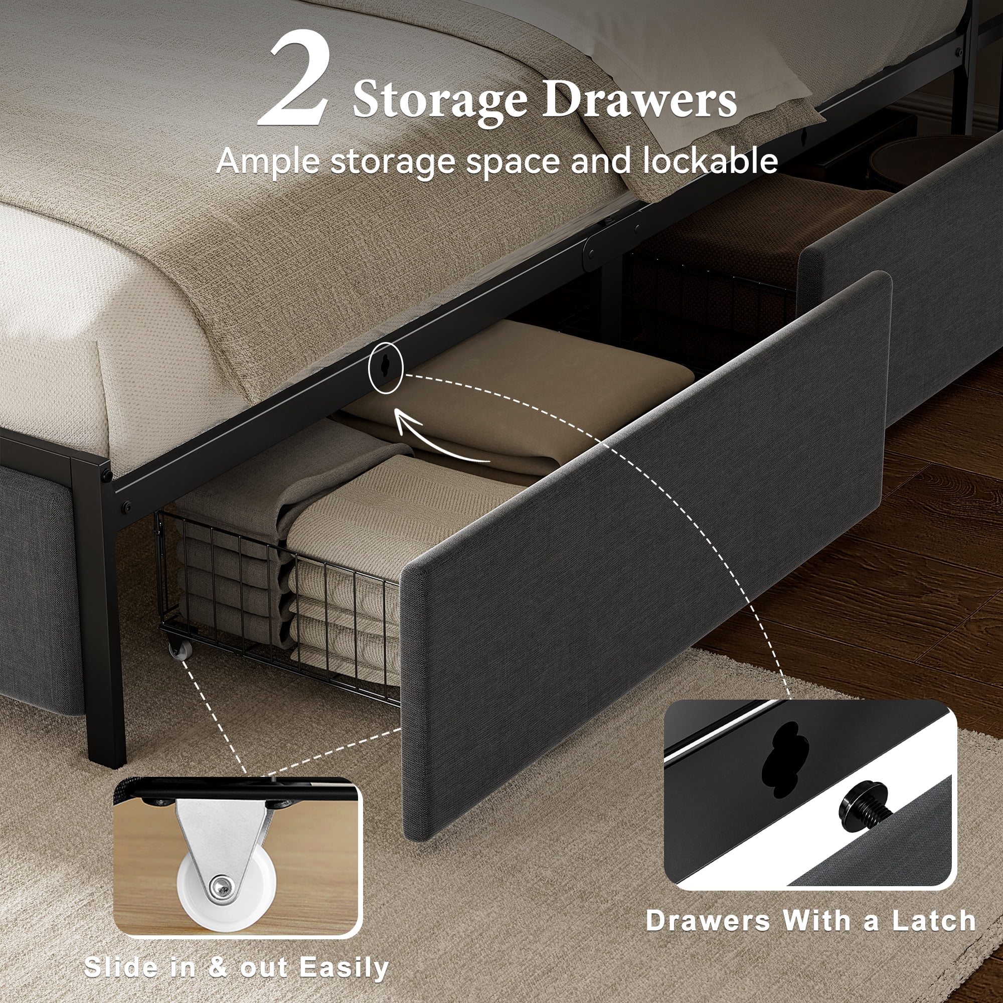 GUNAITO King Bed Frame with Storage Headboard, 2 Drawers Platform Upholstered LED Bed Frame with USB Ports & Outlets Gray