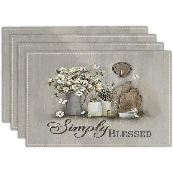 Simply Blessed Placemats Set of 4, Cotton Christian Double-Sided Table Mats for Kitchen Dining Room Home Party Indoor Decor 4 PCS 12x18 Inch