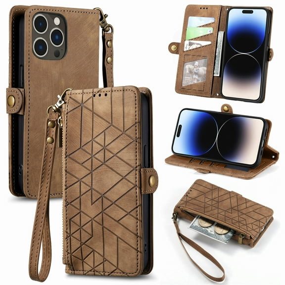 Nalacover Case for iPhone 12 Pro/12, with RFID Blocking Card Slot Holder, Magnetic Flip Folio Purse Case, PU Leather Zipper Handbag with Detachable Lanyard Strap For iPhone 12/12 Pro, Brown