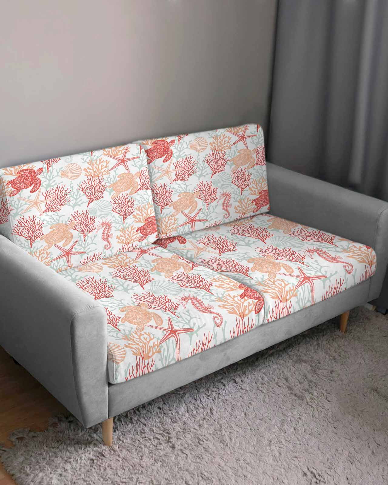 Red Orange Coastal Couch Cushion Covers Stretch, Washable Sofa Seat Covers Individual Seat Cushion Sofa Slipcovers Sea Turtle Nautical Coral Summer Beach Couch Cover Furniture Protector M-1PCS