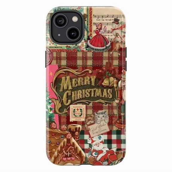 Vintage Christmas Collage Phone Case, Nutcracker, Santa, Snowman, Cat & Gingerbread House Case, Festive Holiday Protective Cover for iPhone 16 15 14 13 12 11 Pro Max Mini