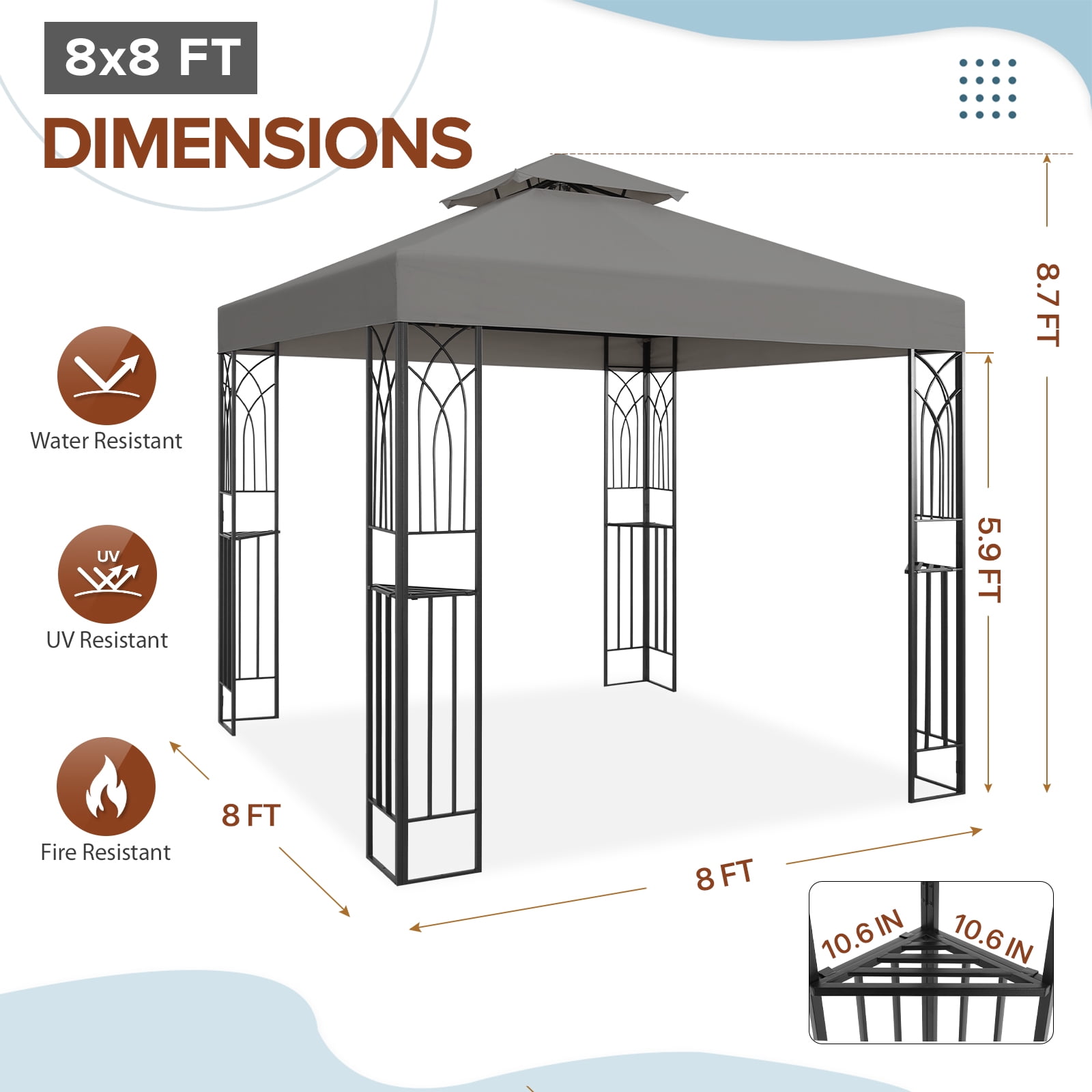 EAGLE PEAK 8 ft. x 8 ft. Outdoor Patio Gazebo with Double Roof,Gray