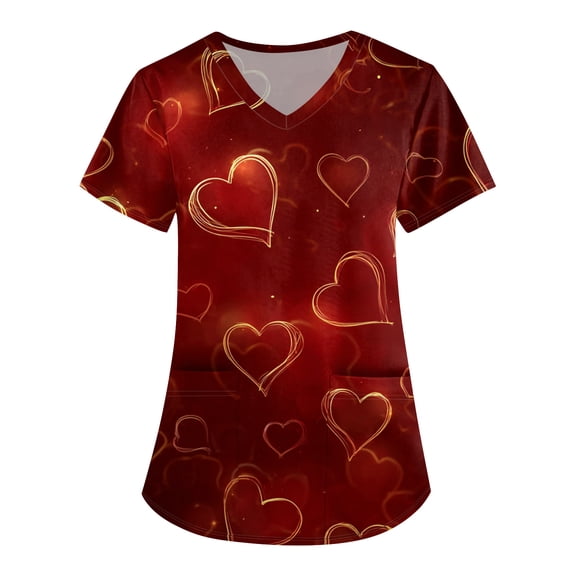 Womens Valentine Day Scrubs Love Heart Print Cute V Neck Nursing Scrubs Short Sleeve Plus Size Quick Dry Scrub Tops with Pockets Wine 5XL