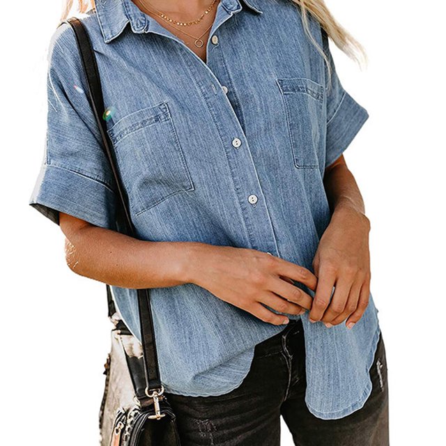 Camisa abotonada para mujer, Camisa abotonada corta para mujer Camisa abotonada para mujer Camisa abotonada con bolsillo para mujer Valor excepcional