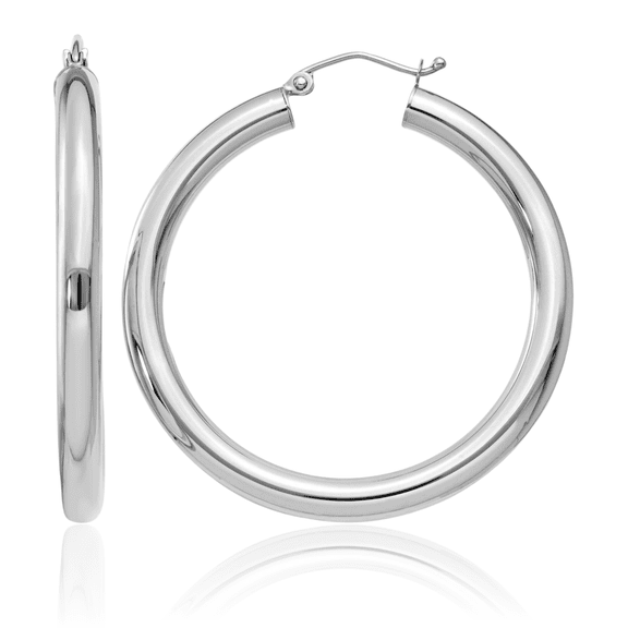 14K Solid White Gold 4mm Tube Round Large Hoop Earrings