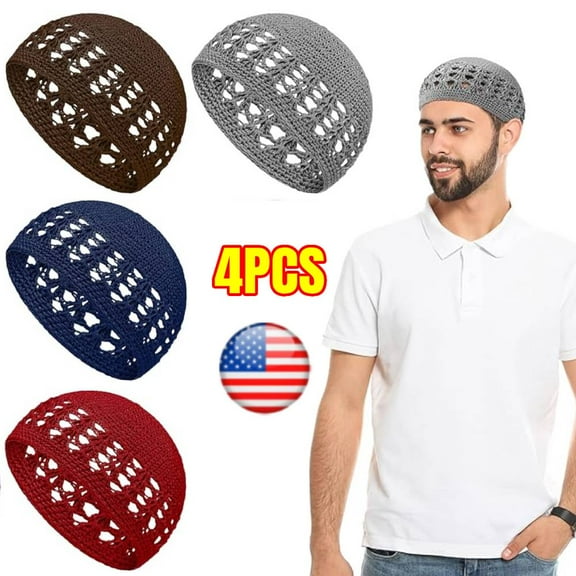 4 PCS Knit Kufi Hats Crochet Beanie Skull Caps Solid Colors Stretchy Knitted Hats Muslim Caps for Men Women Teens
