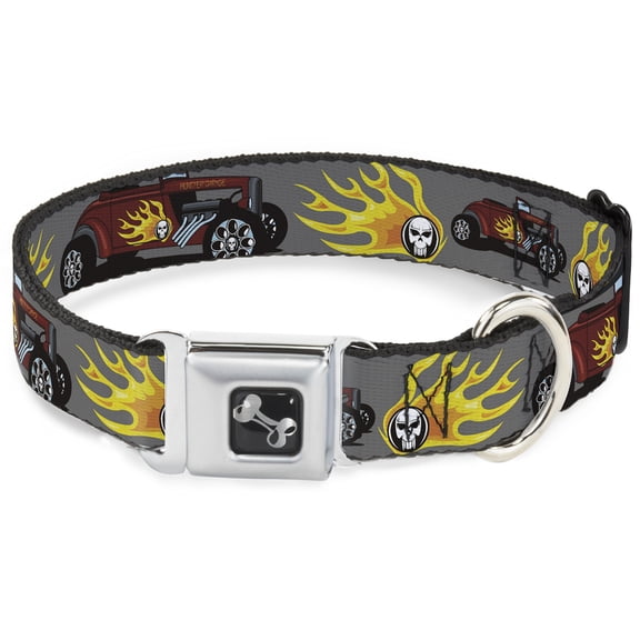 Buckle-Down Pet Collar, Dog Collar Metal Seatbelt Buckle, Hot Rod Flame Skull, 15 to 24 Inches 1.0 Inch Wide