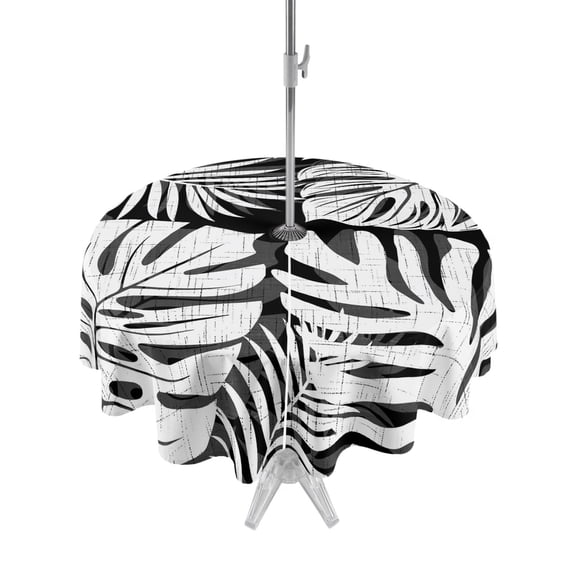 Outdoor Tablecloths with Umbrella Hole & Zipper, Palm Tree Monstera Round Tablecloths 60 Inch, Black White Leaf Boho Botanical Tropical Waterproof Table Cloth, Patio/Pool/Picnic Table Covers