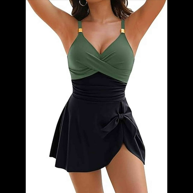 Traje de Baño de una Pieza para Mujer, Ajustado, Cruzado, Sin Espalda, Negro y Verde, Talla S