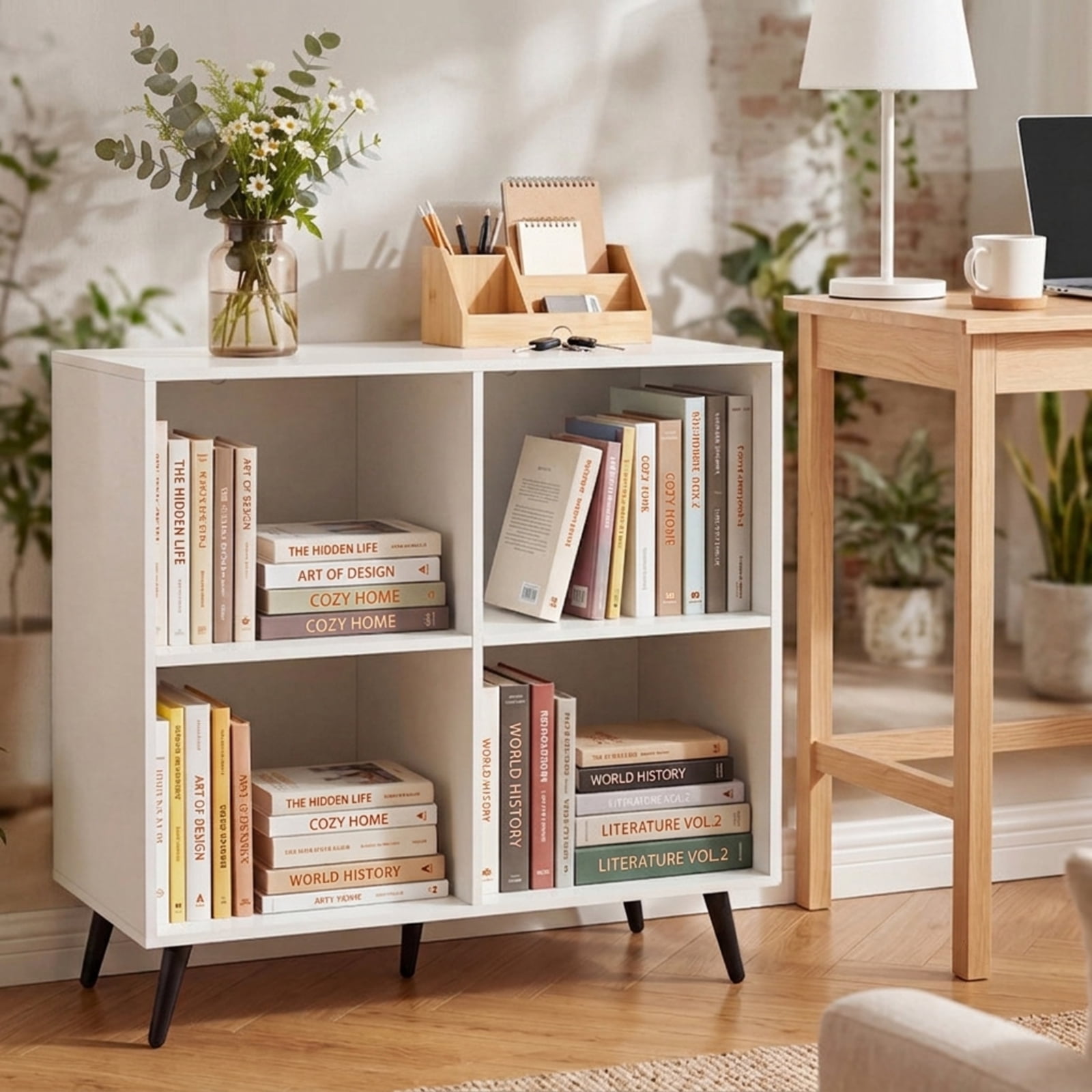 Furnibear 4 Cube Wooden Bookshelf Bookcase Desk with 5 Metal Legs and Enclosed Back for Home Office Living Room Storage, White