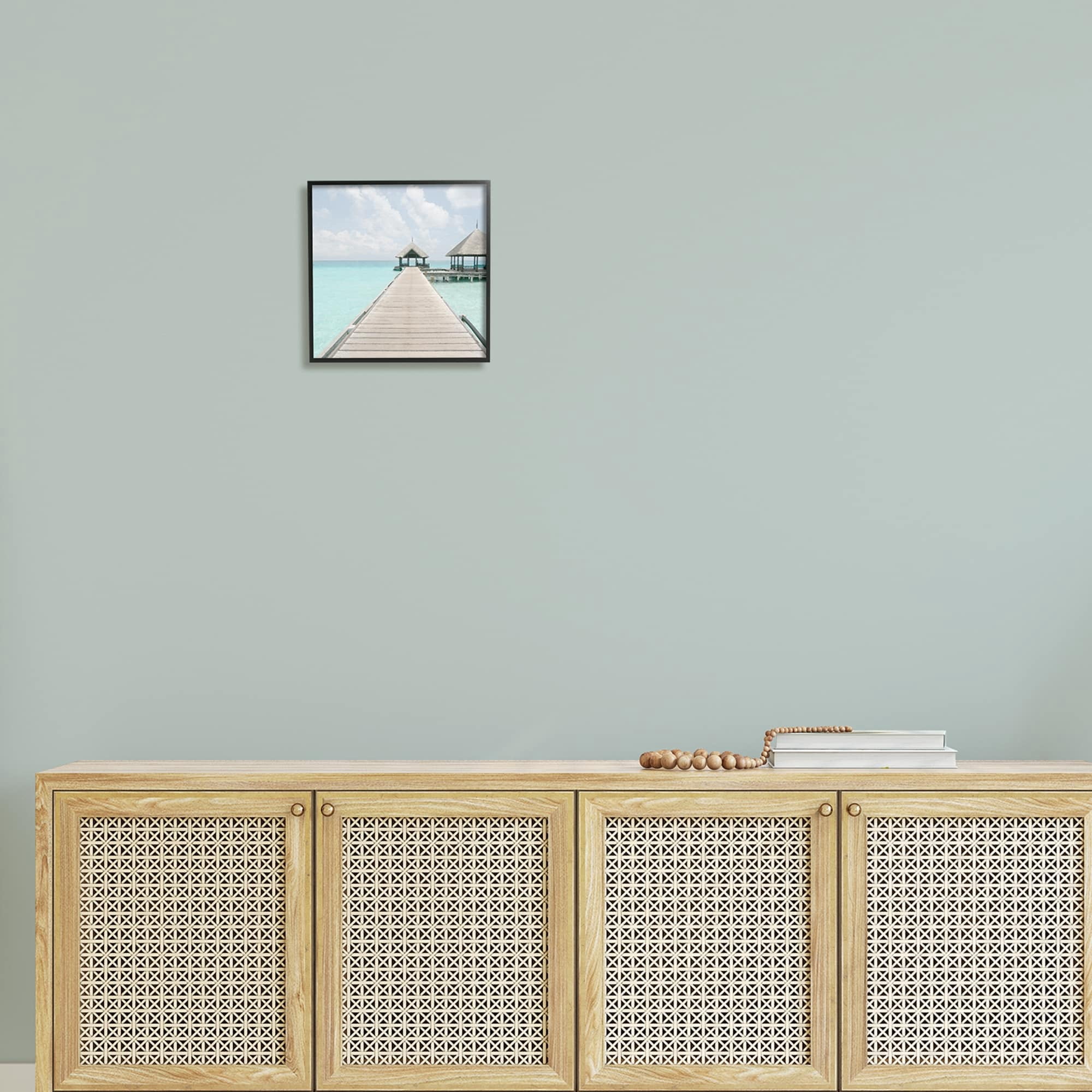 Stupell Industries Beautiful Turquoise Water Ocean Pier Cloudy Sky Painting Black Framed Art Print Wall Art, Design by Noah Bay