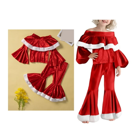 Toddler Girl Santa Outfit Long Sleeve Off The Shoulder Top Flare Pants Christmas Elf Outfit Sets Christmas Outfit Baby Boy Party Dress Up 12-18 Months