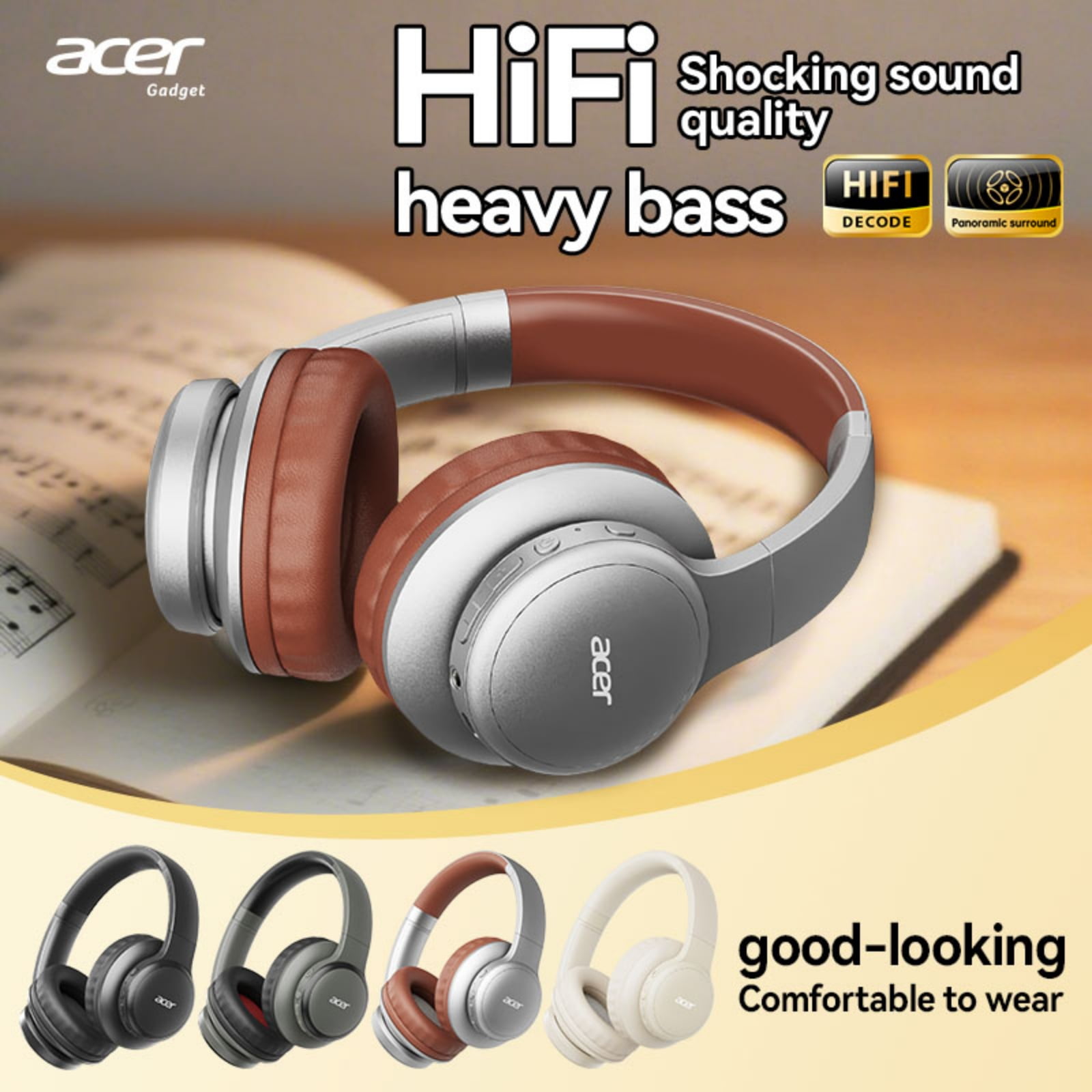 Acer Over-ear Headphones with 60H Playtime, Hi-Res Audio Foldable and Comfortable, Silver