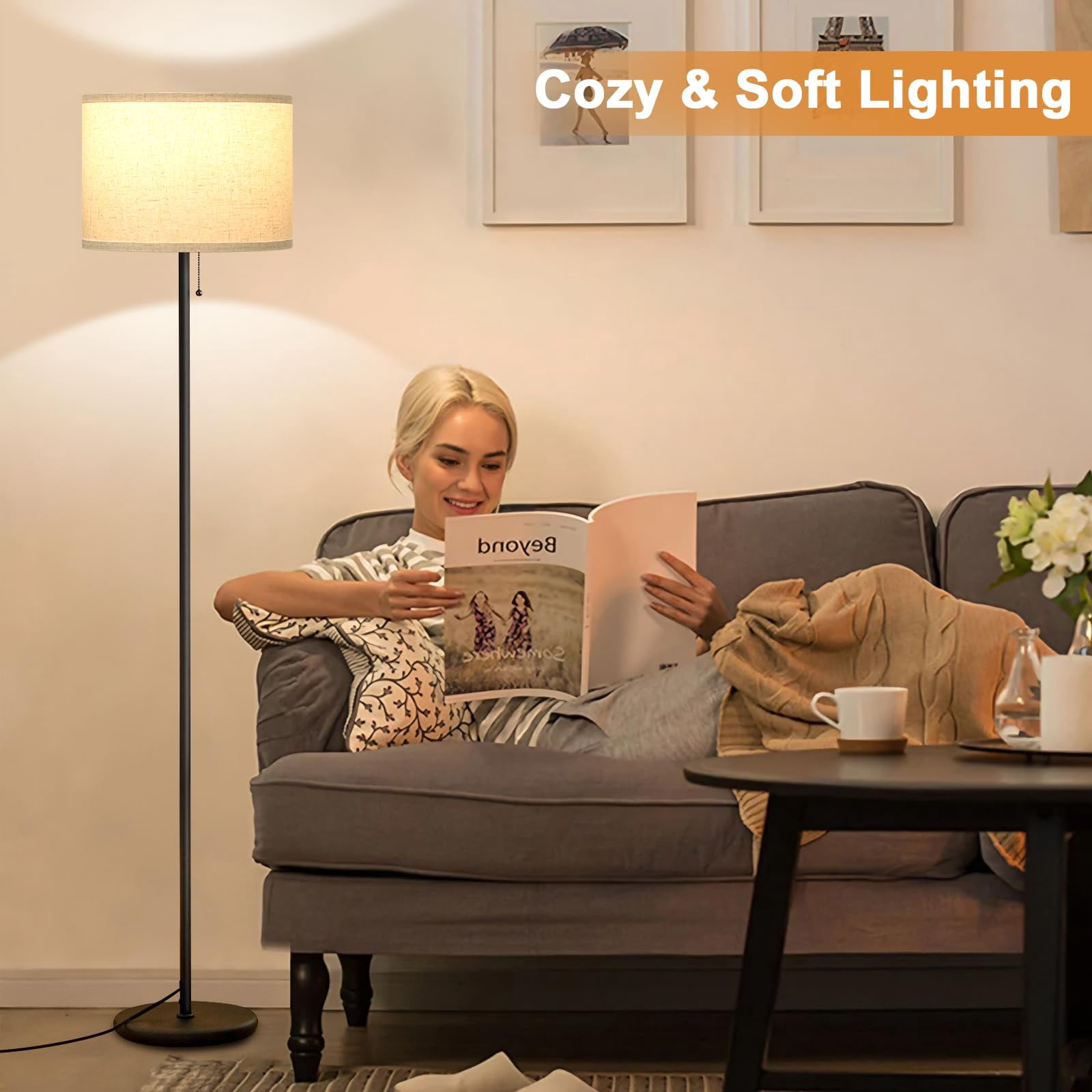 Modern Standing Floor Lamp For Living Room & Bedroom With 3 Color Temperatures Bulb Pull Chain  60" Tall Beige Shade Black Pole