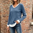 thumbnail image 4 of Staron Women's Ribbed Knit Sweaters V Neck Long Sleeve Slim Fit Casual Pullover Tops Fall Winter Layered Curved Hem Stretchy Knit Shirt Navy XL, 4 of 6