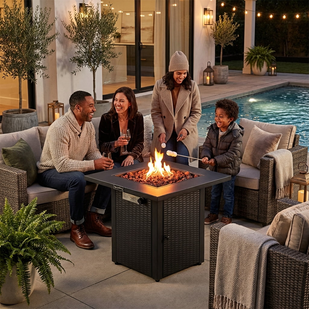 Legacy Heating 28" Square Wicker Propane Fire Pit Table - 50,000BTU, Lava Rock, ETL Certified - Patio, Deck, Backyard