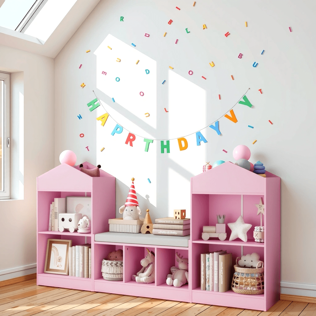 68.9“ Kids Bookshelf with Reading Nook, Toy Storage Organizer with Seat Cushion and 7 Storage Cubbies, Wooden Kids Bookcase, Toy Organizers and Storage for Nursery, Playroom, Pink