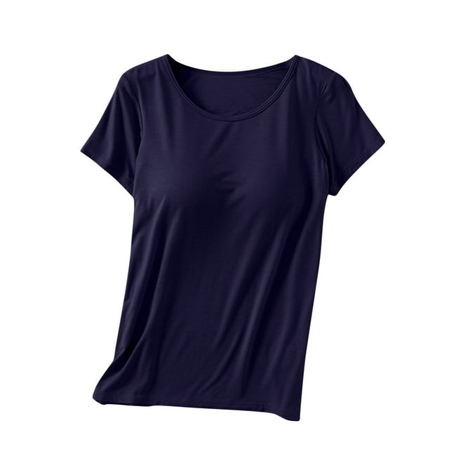 Yuyuzo T-Shirt pour Femmes Rembourré avec Soutien-Gorge Intégré à Manches Courtes Col Ras du Cou Hauts de Pyjama Grande Taille Haut de Yoga et d'Entraînement
