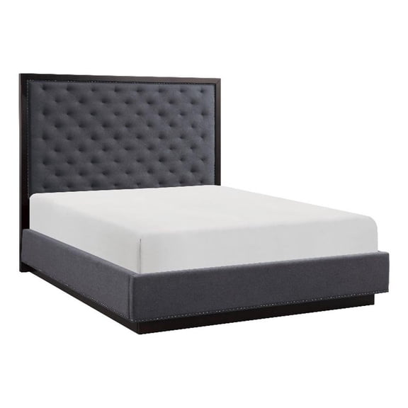 Tey Queen Size Bed with Button Tufted Headboard- Gray Fabric- Ash Veneer