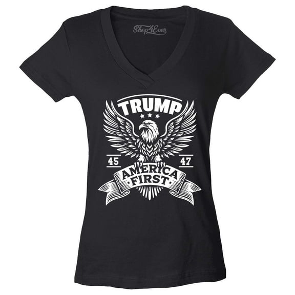 Shop4Ever Women's Trump 45 47 America First Eagle President Donald Trump Slim Fit V-Neck T-Shirt Large Black