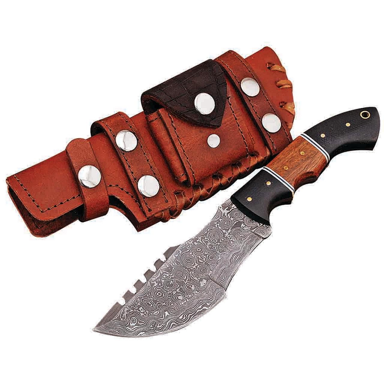 Tracker Knife Fixed Blade Damascus Steel Camping Survival Knives with Micarta Handle & Leather Sheath