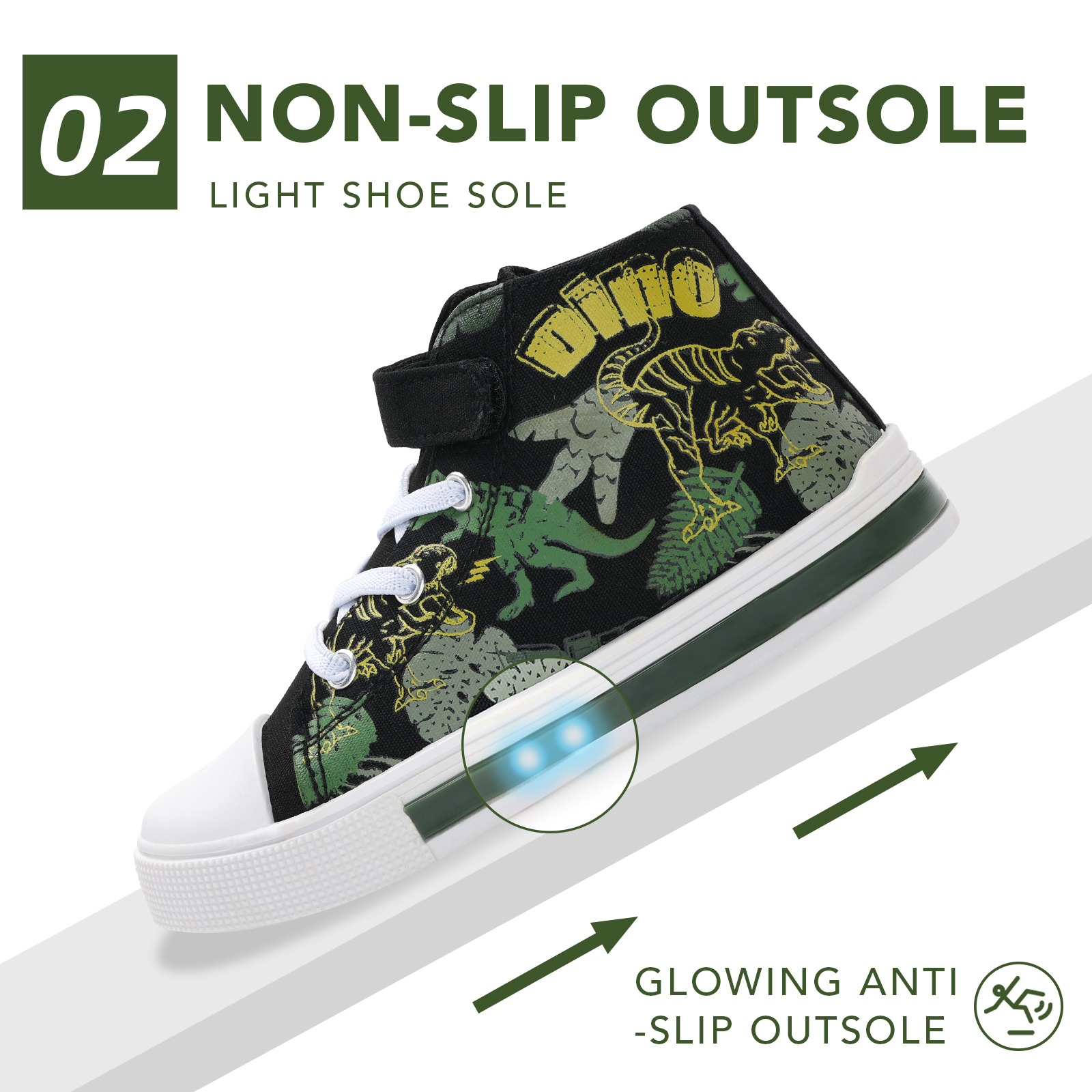 Toddler Boys Light Up Sneakers Kids High Top Canvas Shoes, Dinosaur, Size 9