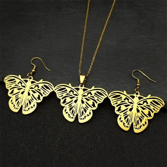 New fashionable butterfly flower hollow 14K Yellow Gold pendant necklace earrings set, men's and women's animal earrings, necklace