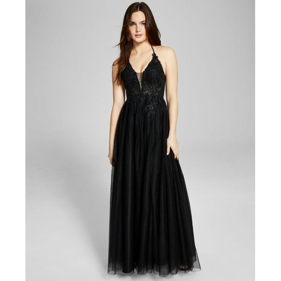 Blondie Nites Juniors’ Applique Halter Mesh Gown Dress, Black, 5