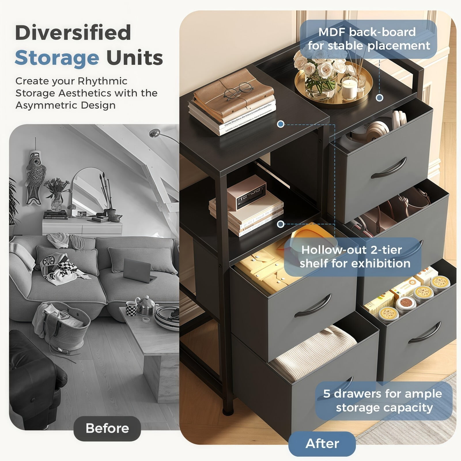 BEAUTYPEAK 5 Drawer Fabric Dresser Storage Chest with 2 Tier Open Shelf Wooden Top, Gray