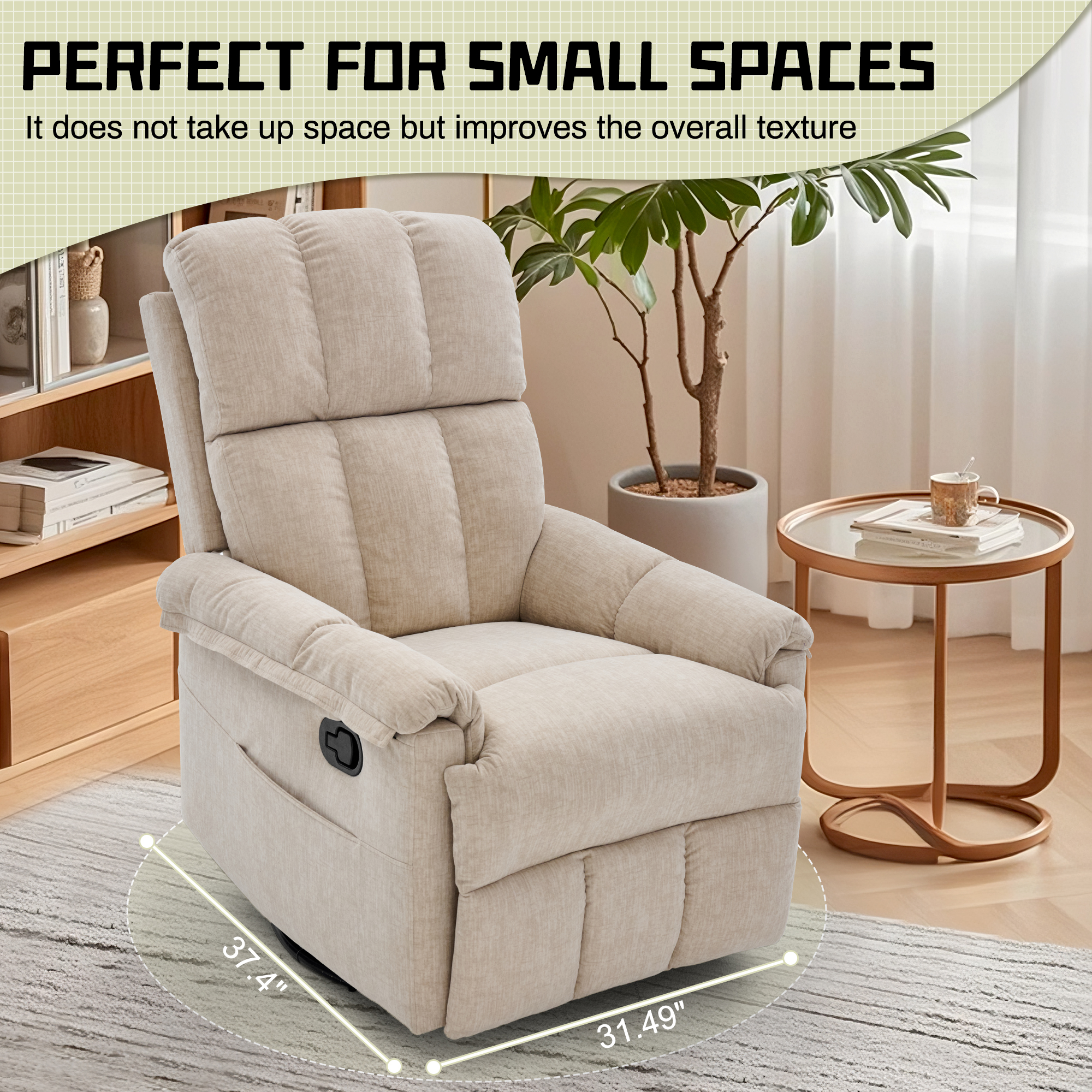 Korser 360°Swivel Recliner Chair for Adults with Side Pockets,Small Rocking Recliner for Small Spaces for Living Room,Nursery,Khaki