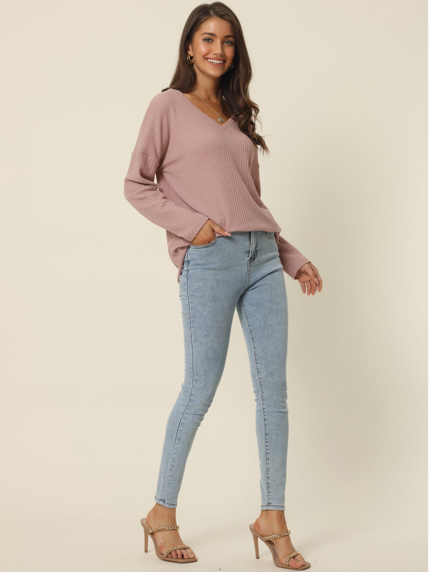 Women's Waffle Knit V Neck Long Sleeve Casual Blouse Lightweight Top L Dusty Pink