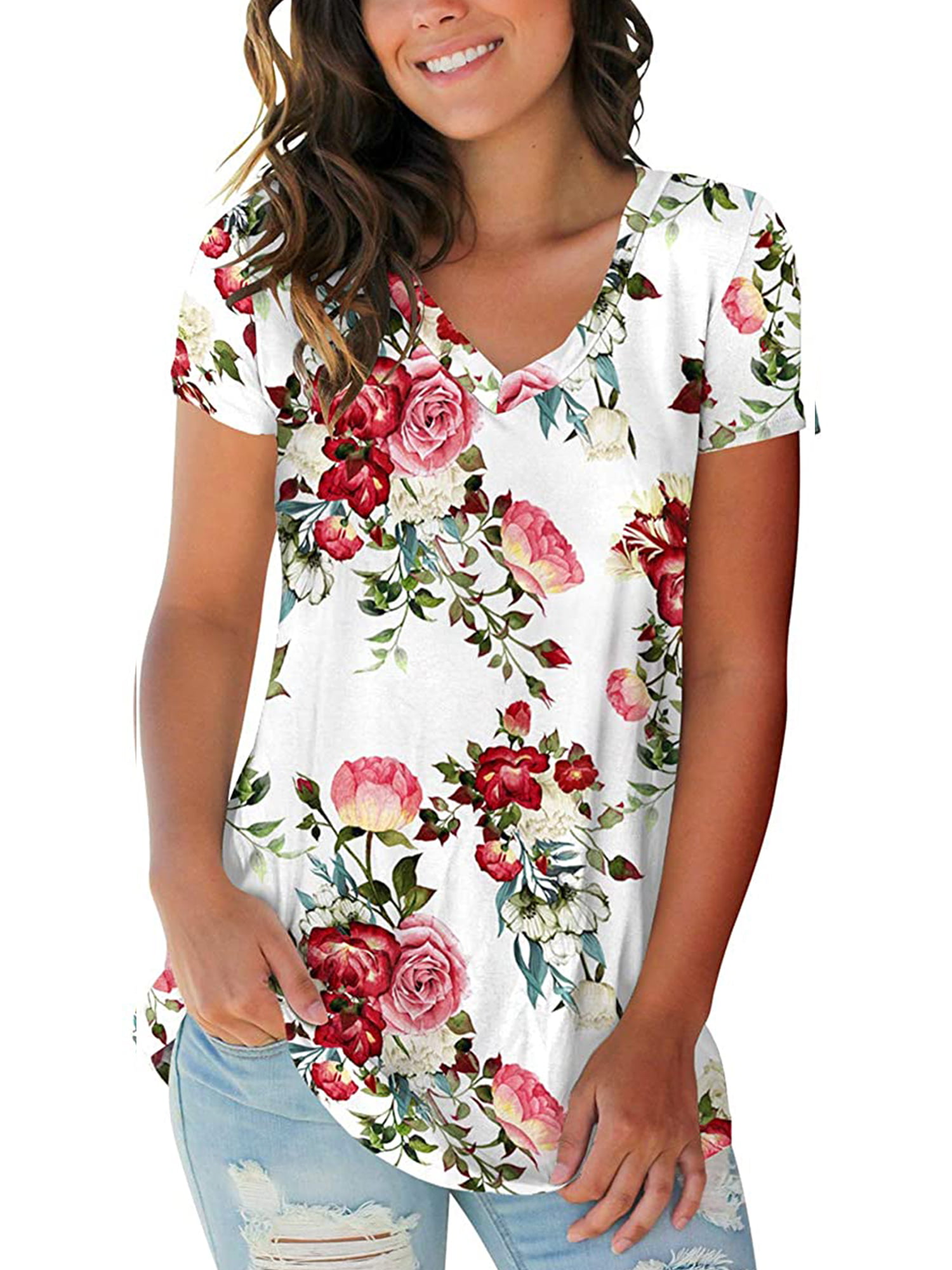 Gvmfive Women Floral Print V Neck Short Sleeve Tunic Tops T Shirt ...