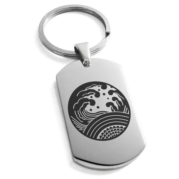 Stainless Steel Ocean Kamon Crest Engraved Dog Tag Keychain Keyring