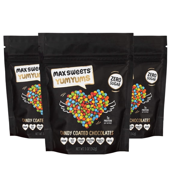 Max Sweets Sugar Free Dark Chocolate YumYums - Keto Candy Low Carb Snack Candy Coated Healthy Chocolates Diabetic Snacks Vegan (3 bags, 15oz