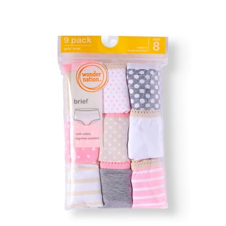 Wonder Nation Girls 100% Cotton Brief Panty, 9 pack