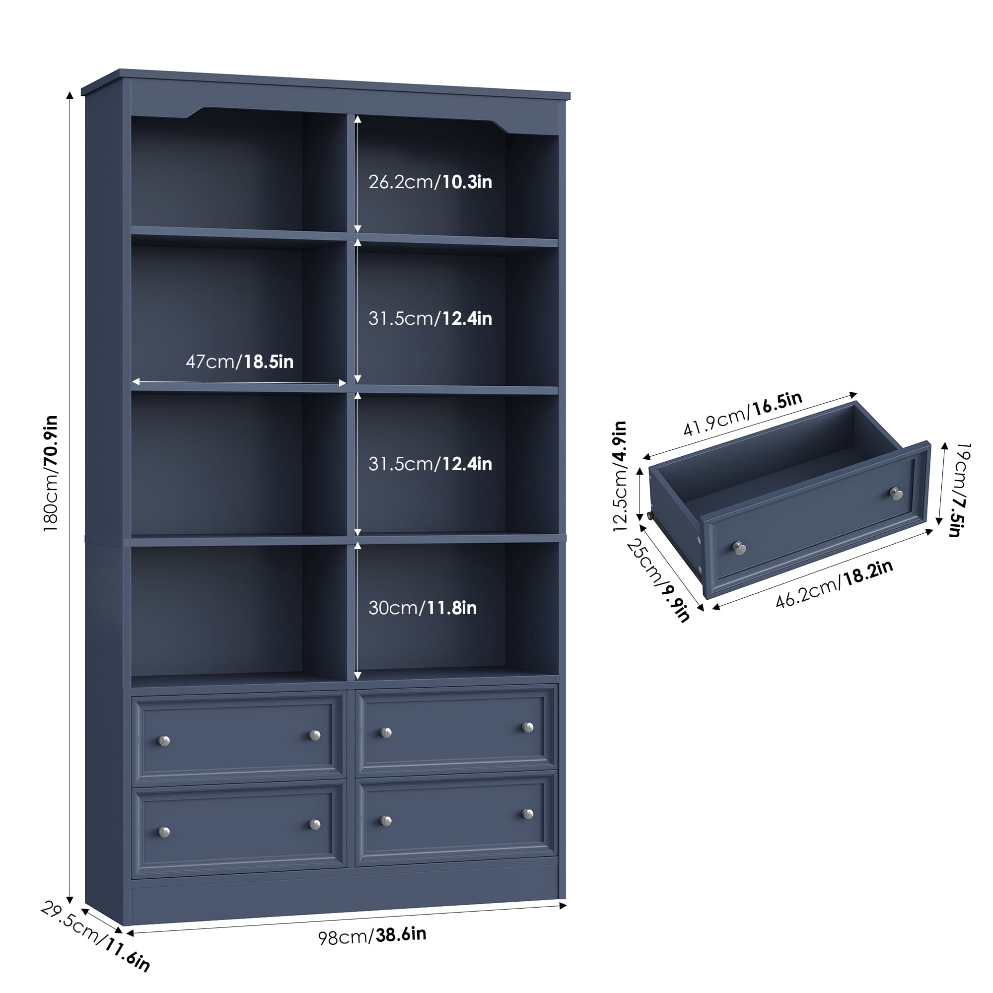 Homfa Double Row 6 Tier Bookcases, 71 in Tall Bookcase Bookshelf with 4 Drawers and 8 Display Cubicles, for Home Office Living Room, Blue