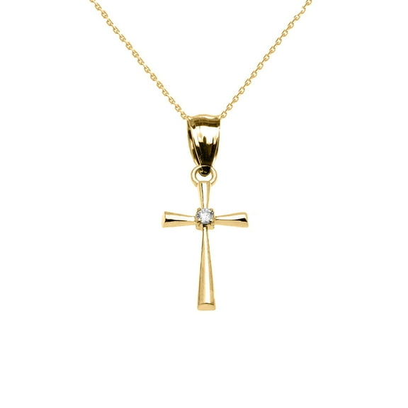 10K Yellow Gold Dainty Flared Diamond Cross Pendant Necklace with 16" Chain