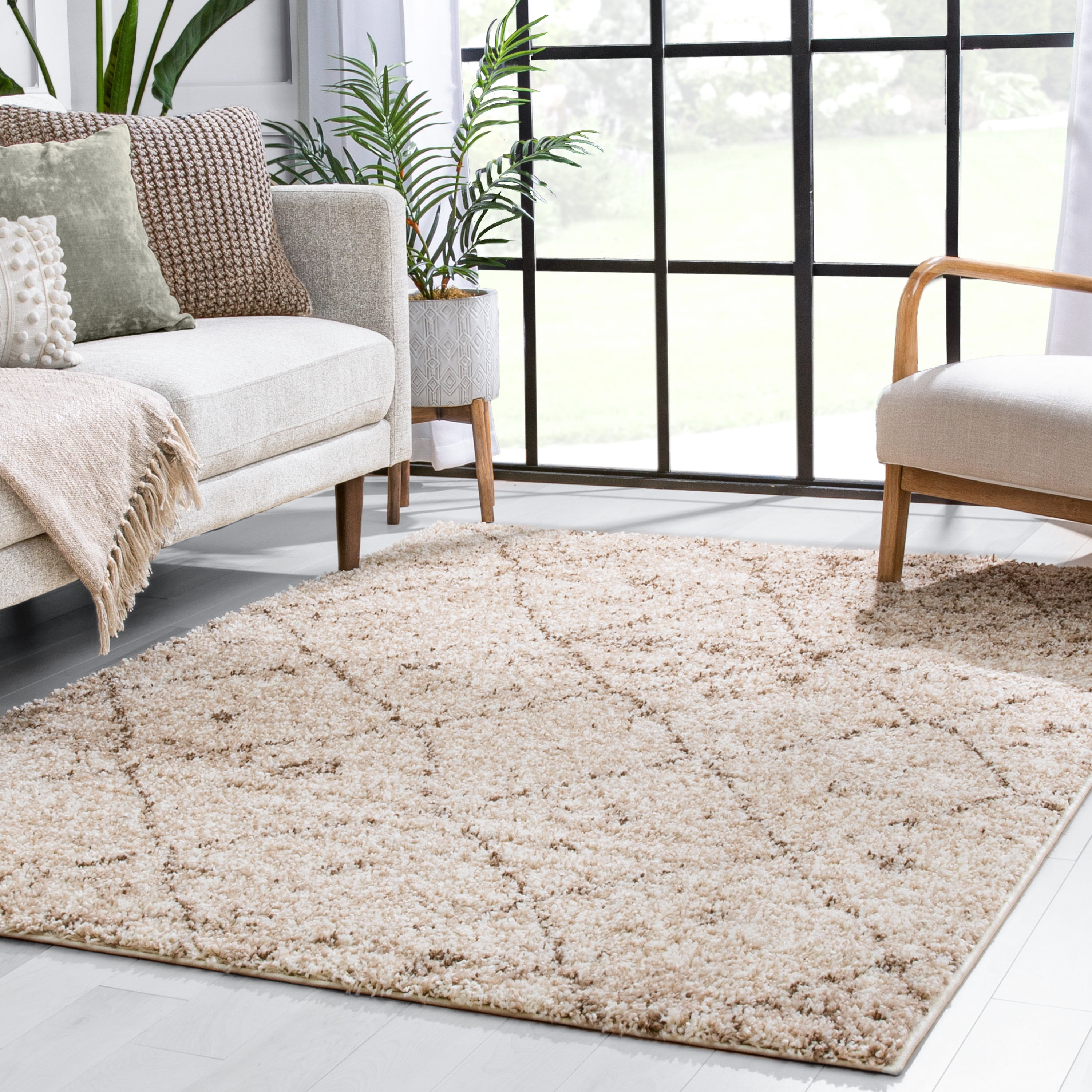 Well Woven Madison Shag Moroccan Lattice Contemporary Vanilla 3'3" x 5'3" Thick Area Rug